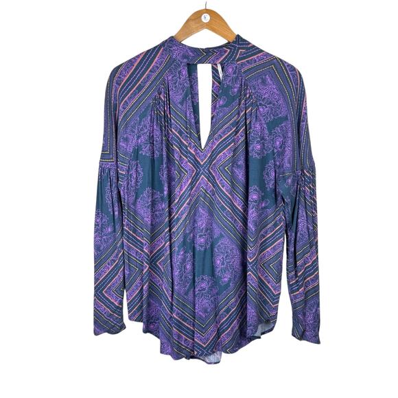 Free People Walking On A Dream Blue Purple Floral Diamond Oversized Tunic Top - Picture 10 of 13